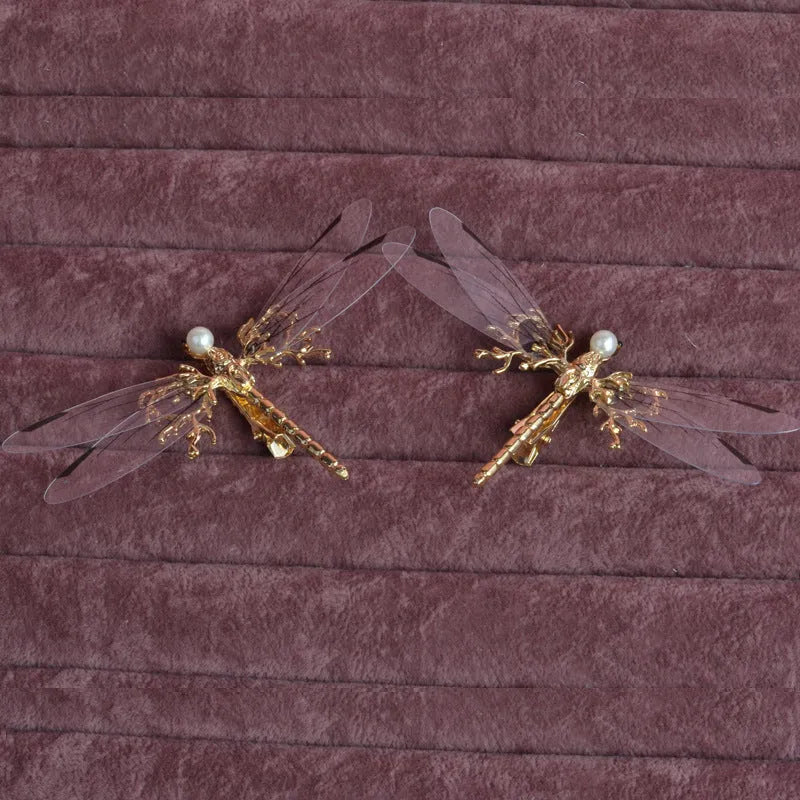 Golden electroplated dragonfly side clip headdress for women with detailed insect design