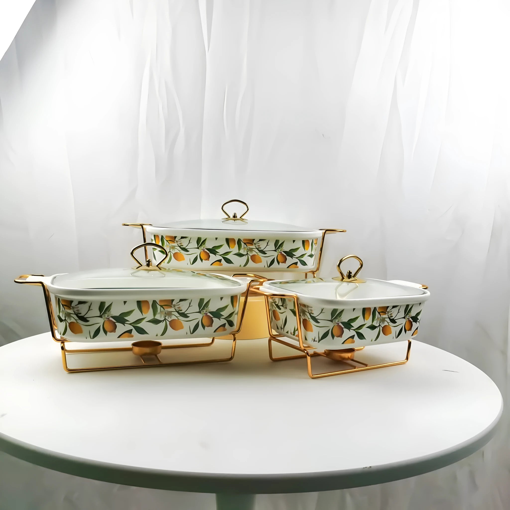 Ceramic rectangular hot pot set with binaural handles, porcelain body, electroplated finish, lemon pattern, in gift box