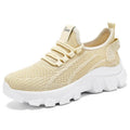 Women's white Flyknit sneakers with a thick PVC sole and front lace-up on a plain background.