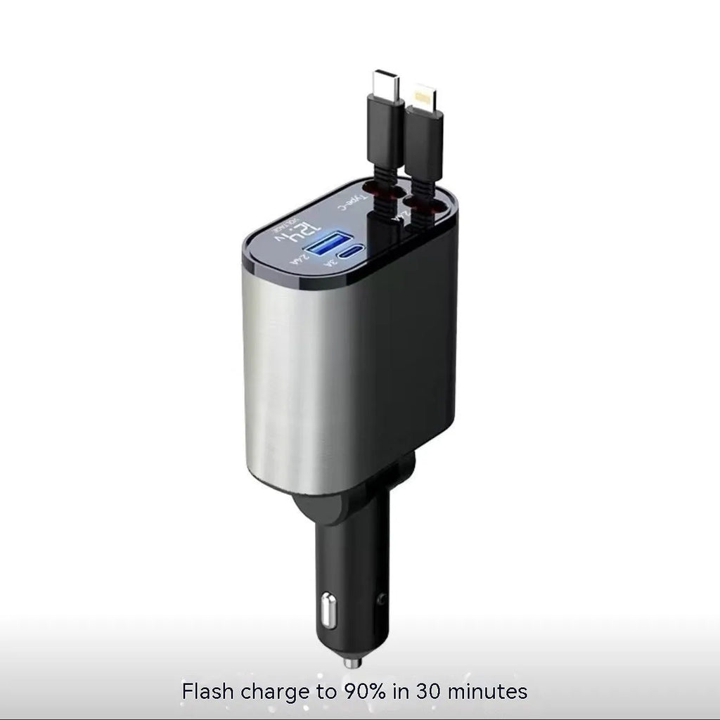 Automatic retractable car charger with cigarette lighter plug and multiple USB ports