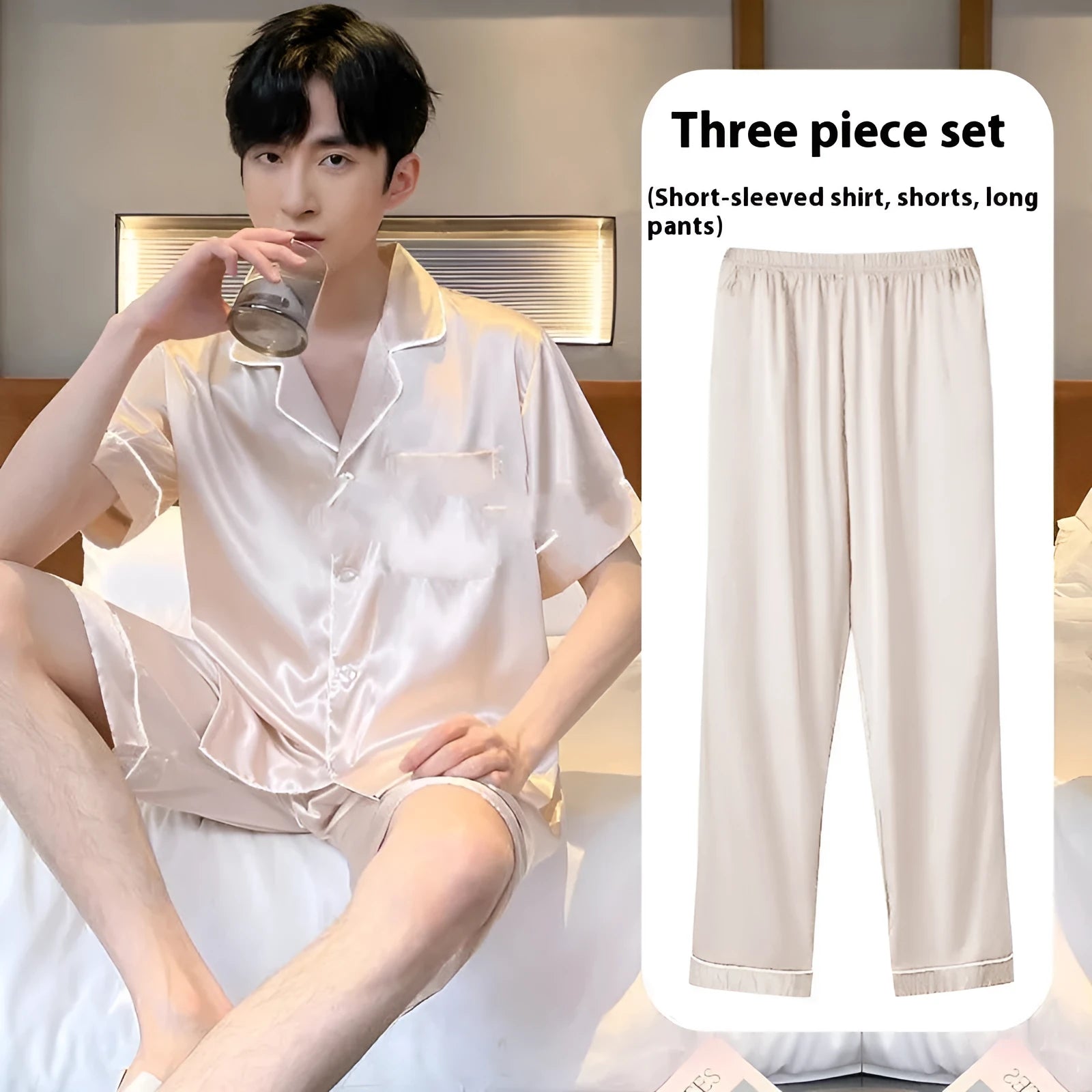 Men's ice silk three-piece homewear set in a choice of colours, showing top, shorts, and trousers.