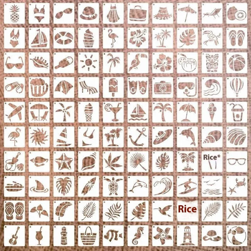 Milky white PET film stencils showing hollow designs of animals, flowers, letters, and ocean themes.