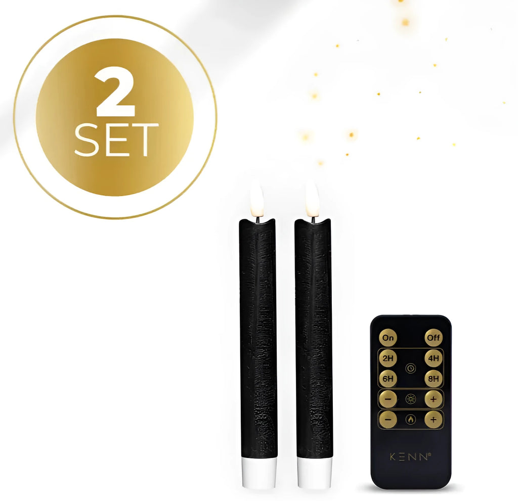 Black LED taper candle with realistic 3D flame effect, 18cm height flameless decorative lighting