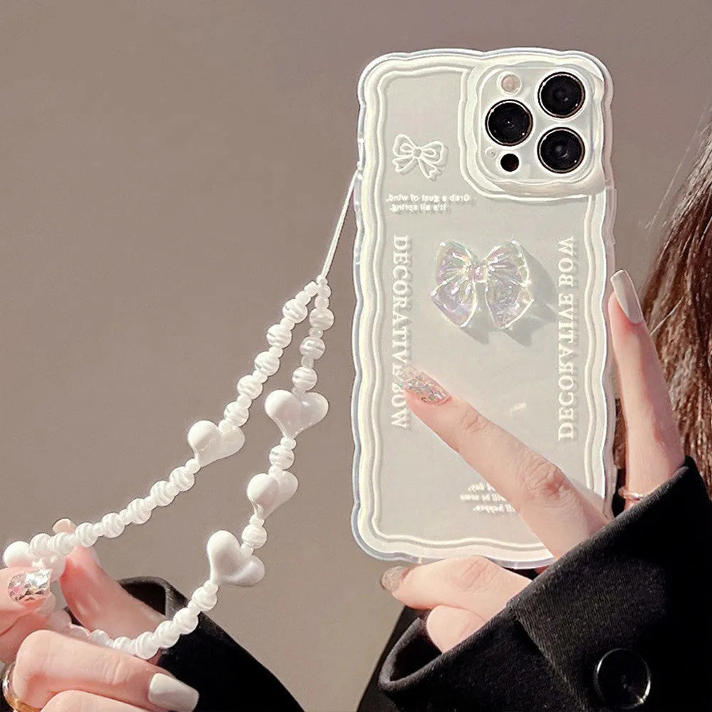 Transparent iPhone case with three-dimensional bow design and optional white love lanyard