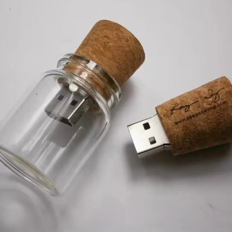 Wooden wish drift bottle USB flash drive with transparent design showing capacity options