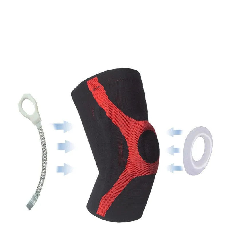 Knitted non-slip sports knee pads in red and grey, showing silicone protective section on knee.