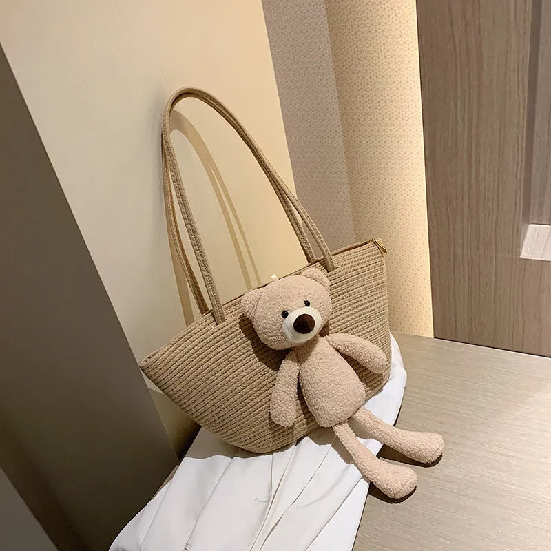 Woven cotton linen dumpling shape shoulder bag with double straps in six colour options