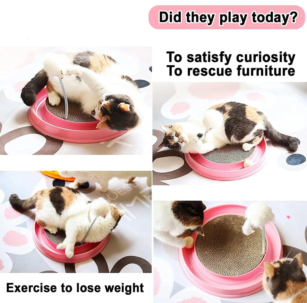 Interactive cat scratcher with rolling ball track and replaceable cardboard centre in blue colour