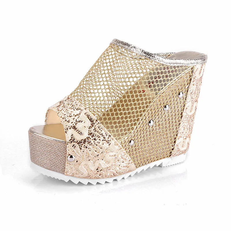 Women's Korean chunky platform sandals with hollowed-out heel and lace-up design in black, gold or silver