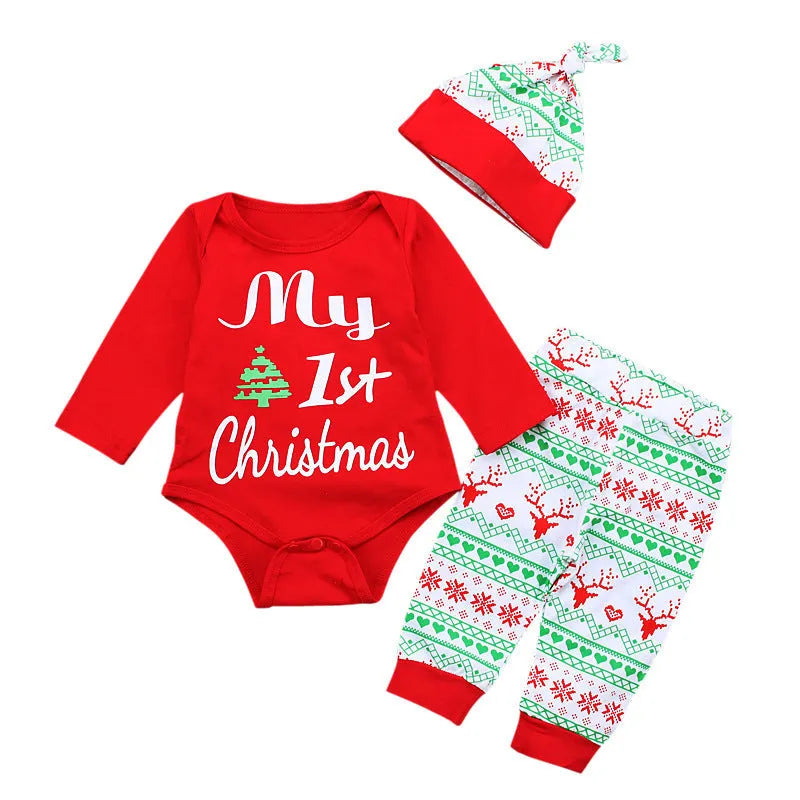 Red cotton long sleeve letter jumpsuit three-piece baby crawling suit set with hat and pants on white background