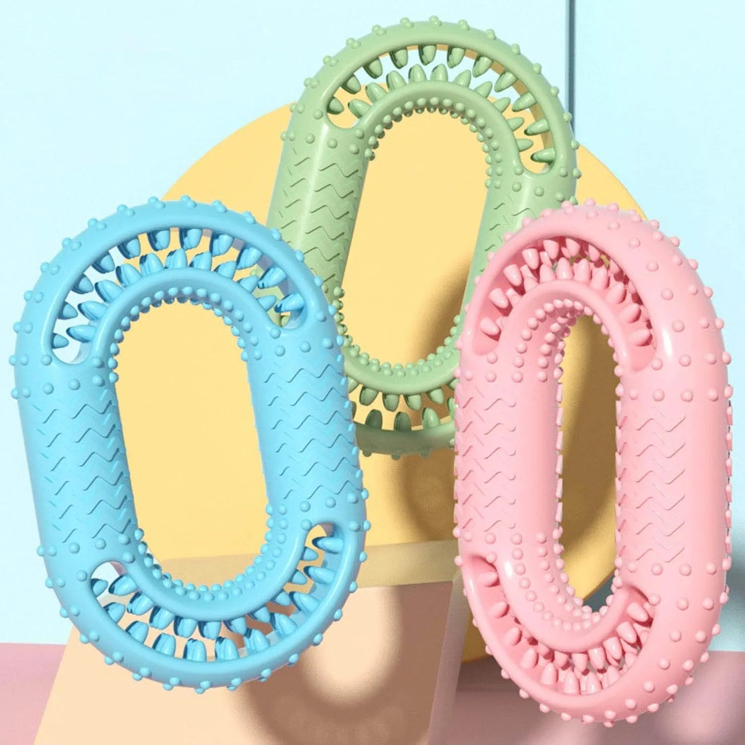 Blue green pink resistant O-ring dog chewing toy for aggressive chewers measuring 12.5cm