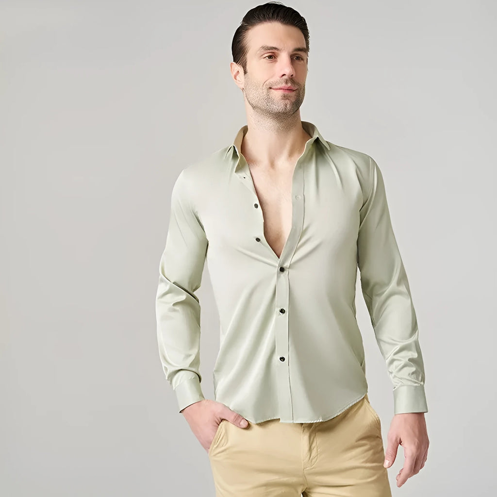 Men's stretch long sleeve work shirt in polyester fabric shown in multiple colour options