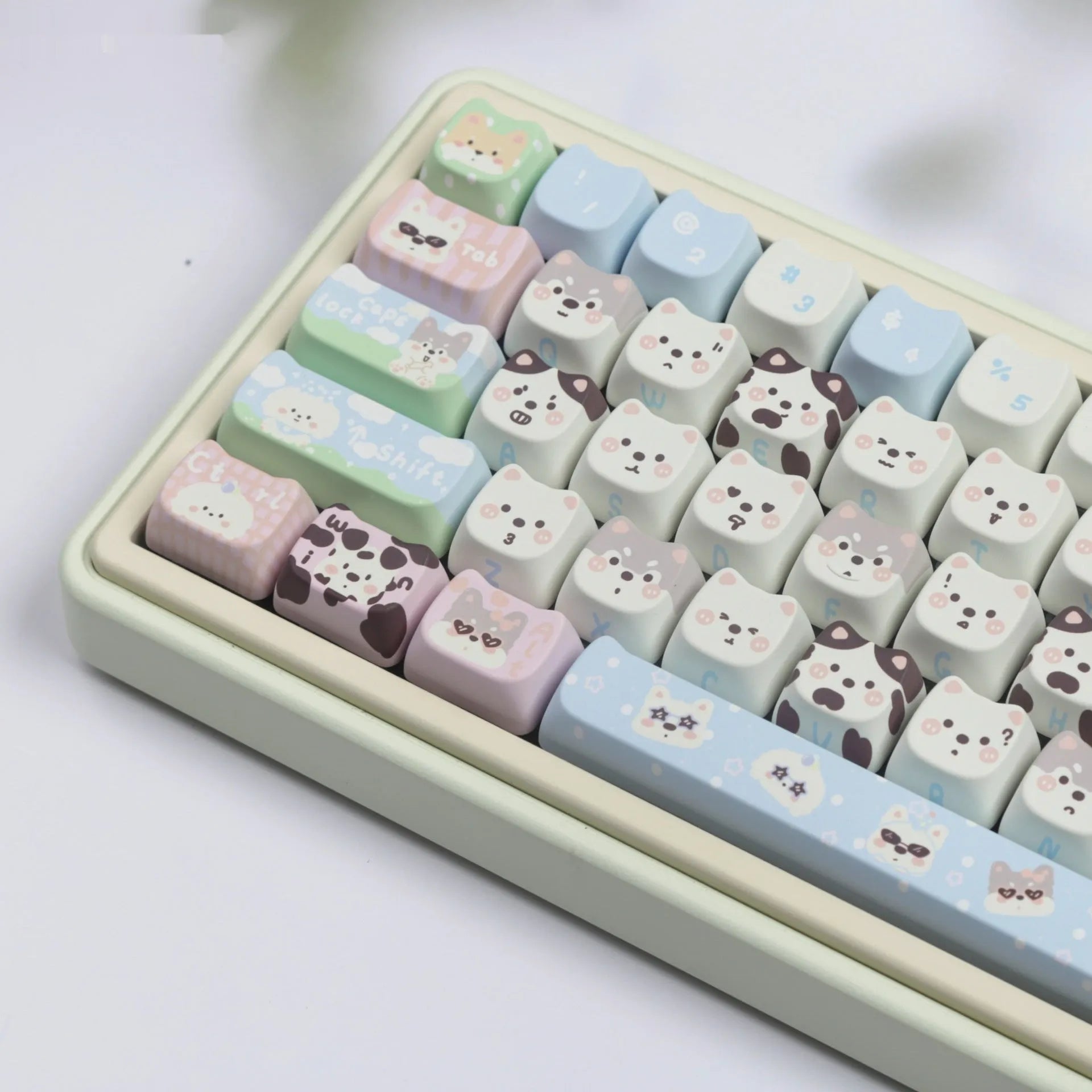 Full set of PBT sublimation keycaps with colourful puppy design for mechanical keyboards