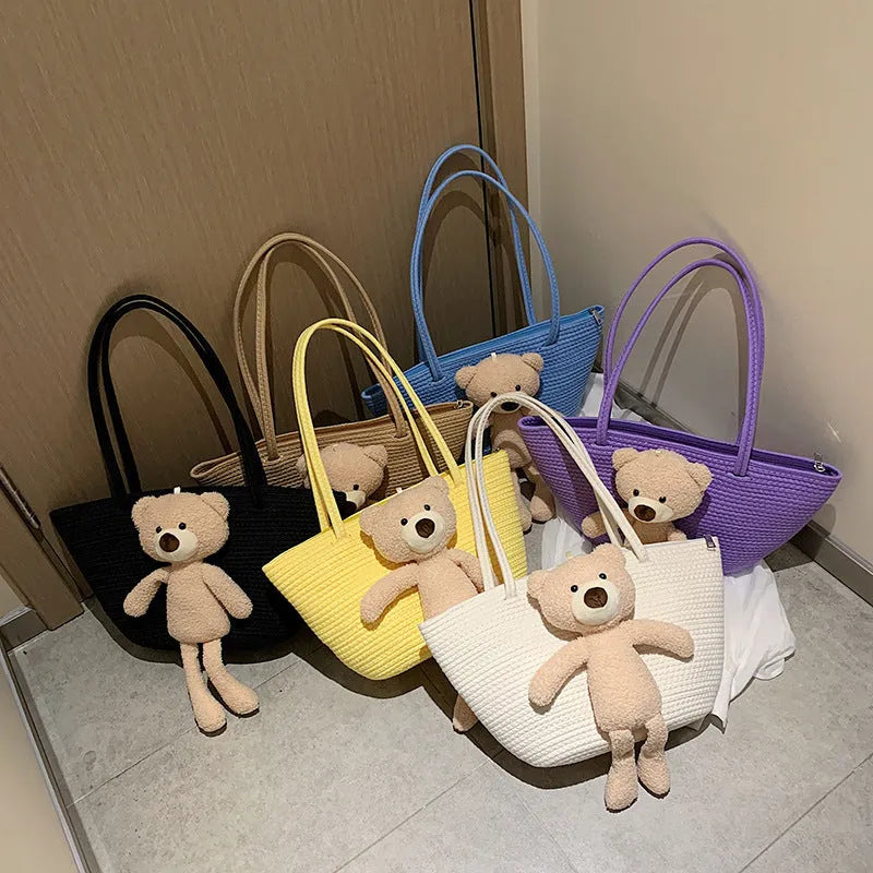 Woven cotton linen dumpling shape shoulder bag with double straps in six colour options