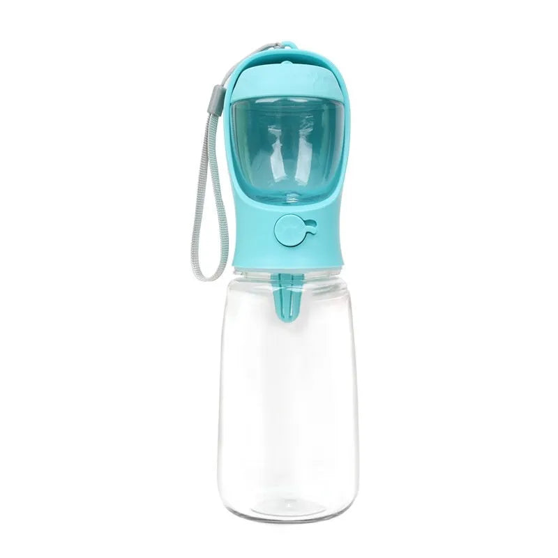 Portable blue dog water bottle with integrated drinking bowl showing split water grain design