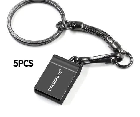 Metal USB flash drive on a silver chain necklace, showing black casing with options for lanyard or different chain attachments.