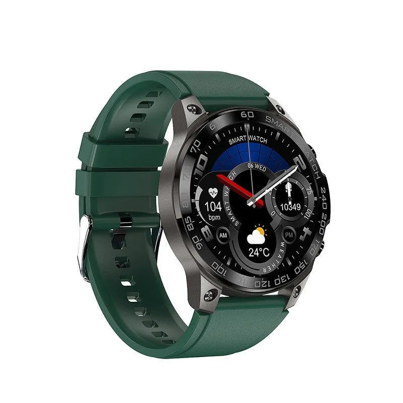 Black Bluetooth smartwatch with round AMOLED screen on a silicone strap, showing fitness stats.