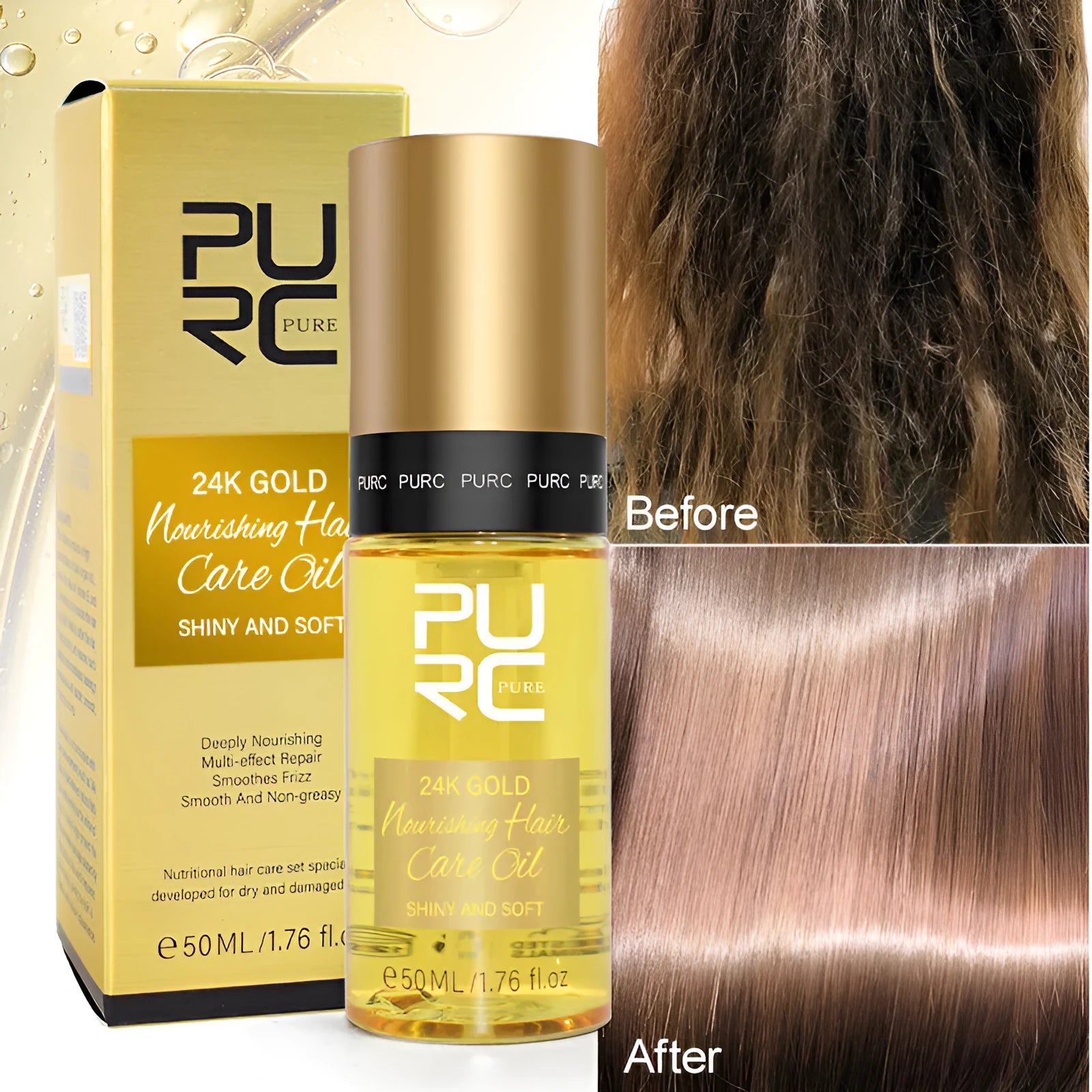 Yellow 50ml hair care essential oil bottle for scalp and frizz treatment.