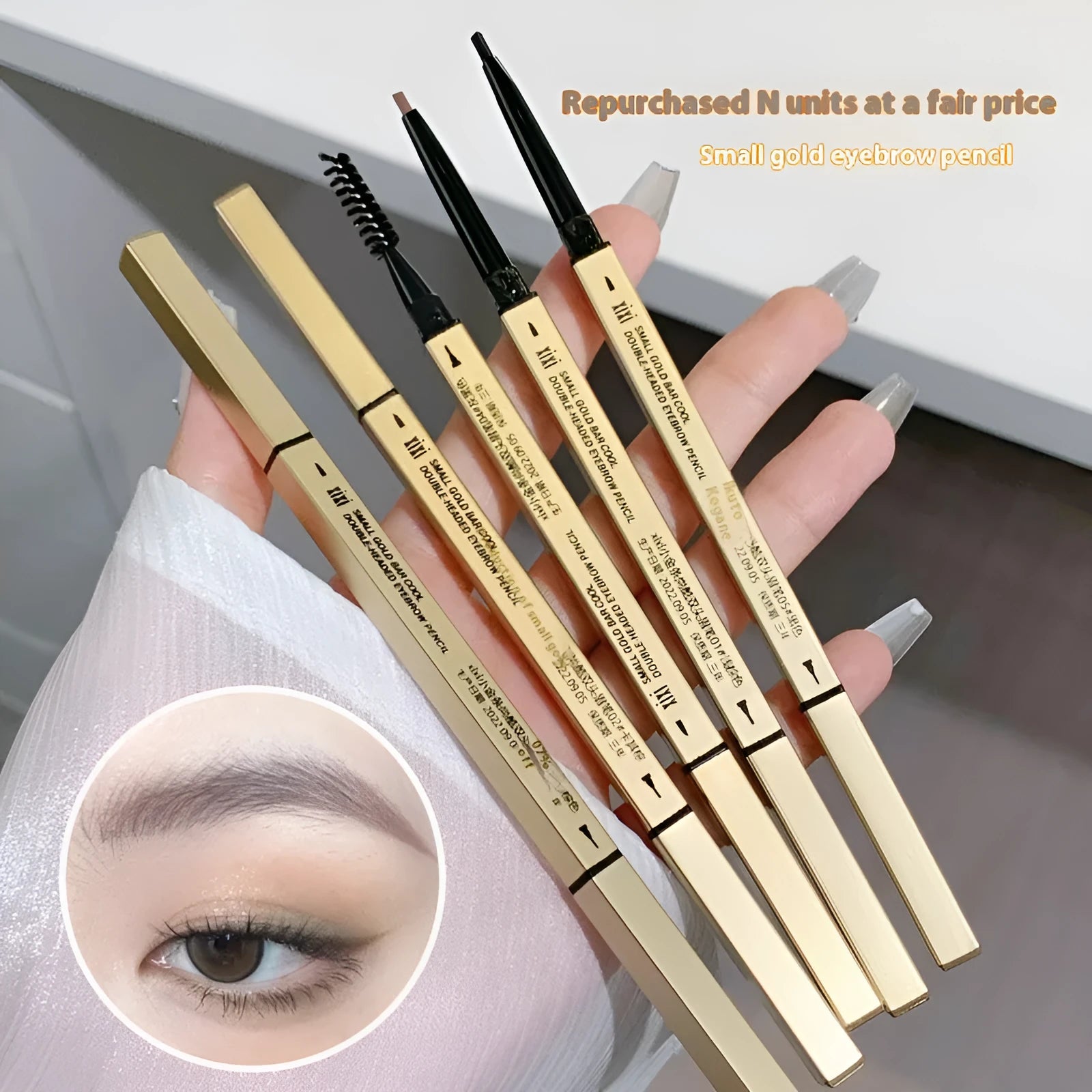 Gold ultra-fine eyebrow pencil shown in five shades: light brown, kaki brown, dark brown, grey black, and black