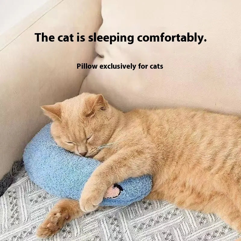Blue cat sleeping mat with a U-shaped question mark pillow for neck support