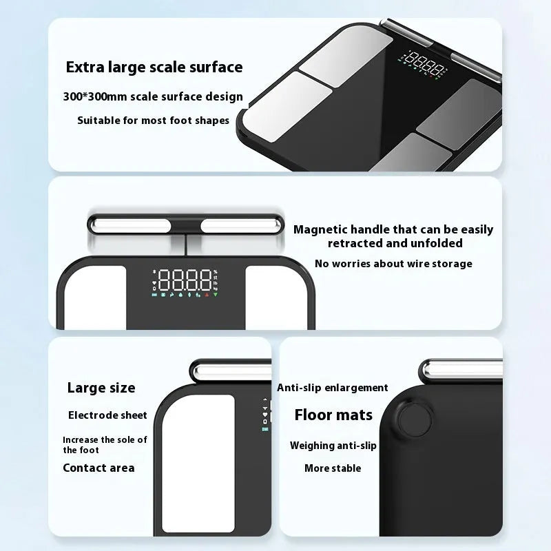 Black digital body composition scale with tempered glass platform and colour touchscreen display