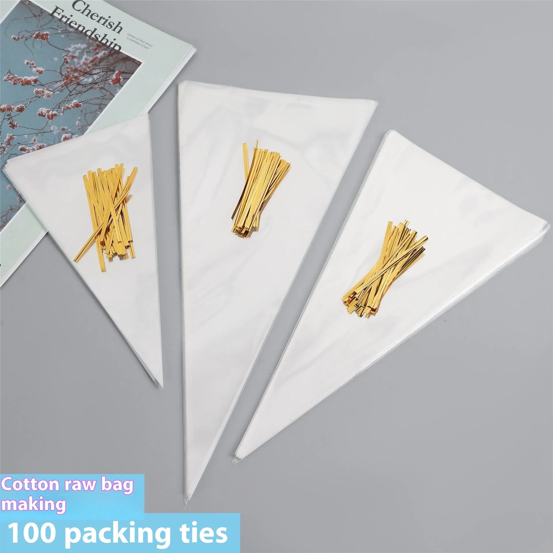 Clear plastic triangle-shaped bag with a twisted metal tie wire closure.