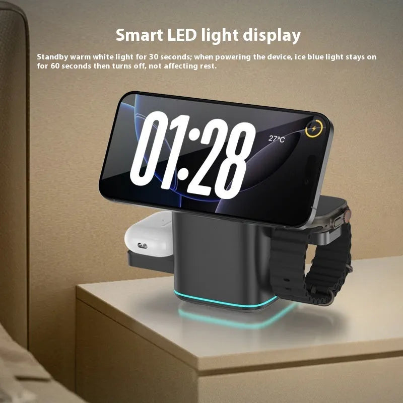 Black magnetic wireless charging stand for mobile phones showing 180-degree rotation capability