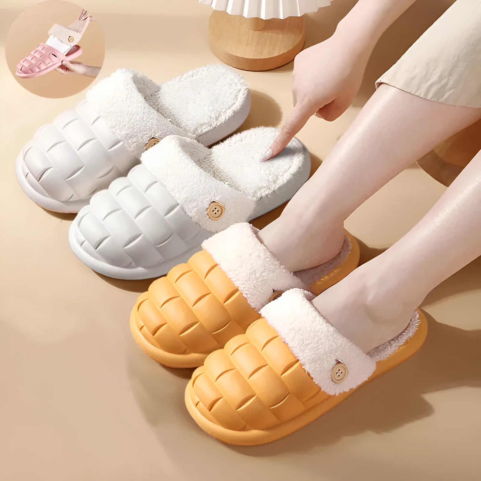 Women's detachable EVA plaid slippers with plush lining in multiple colours