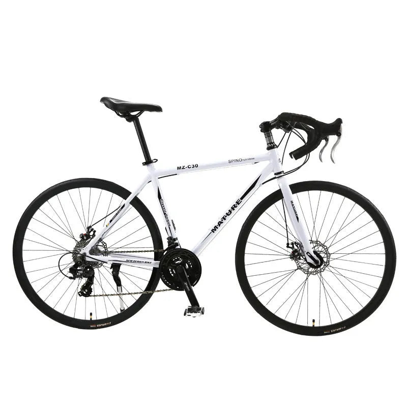 Aluminium alloy road bike with double disc brakes and bend handlebars in silver colour