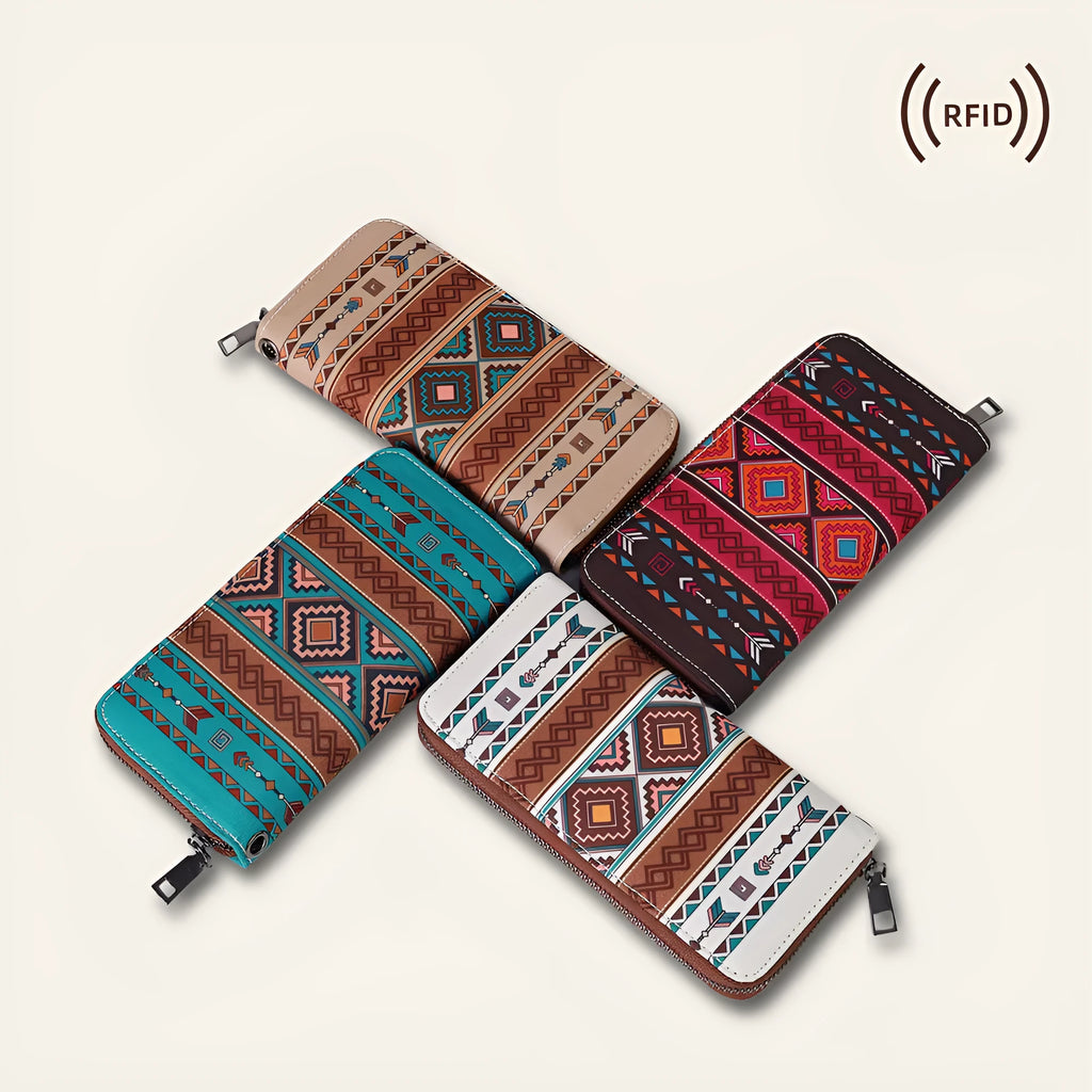 Bohemian stripe pattern RFID wallet with canvas construction showing interior polyester lining