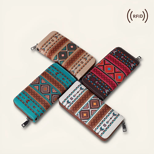 Bohemian stripe pattern RFID wallet with canvas construction showing interior polyester lining