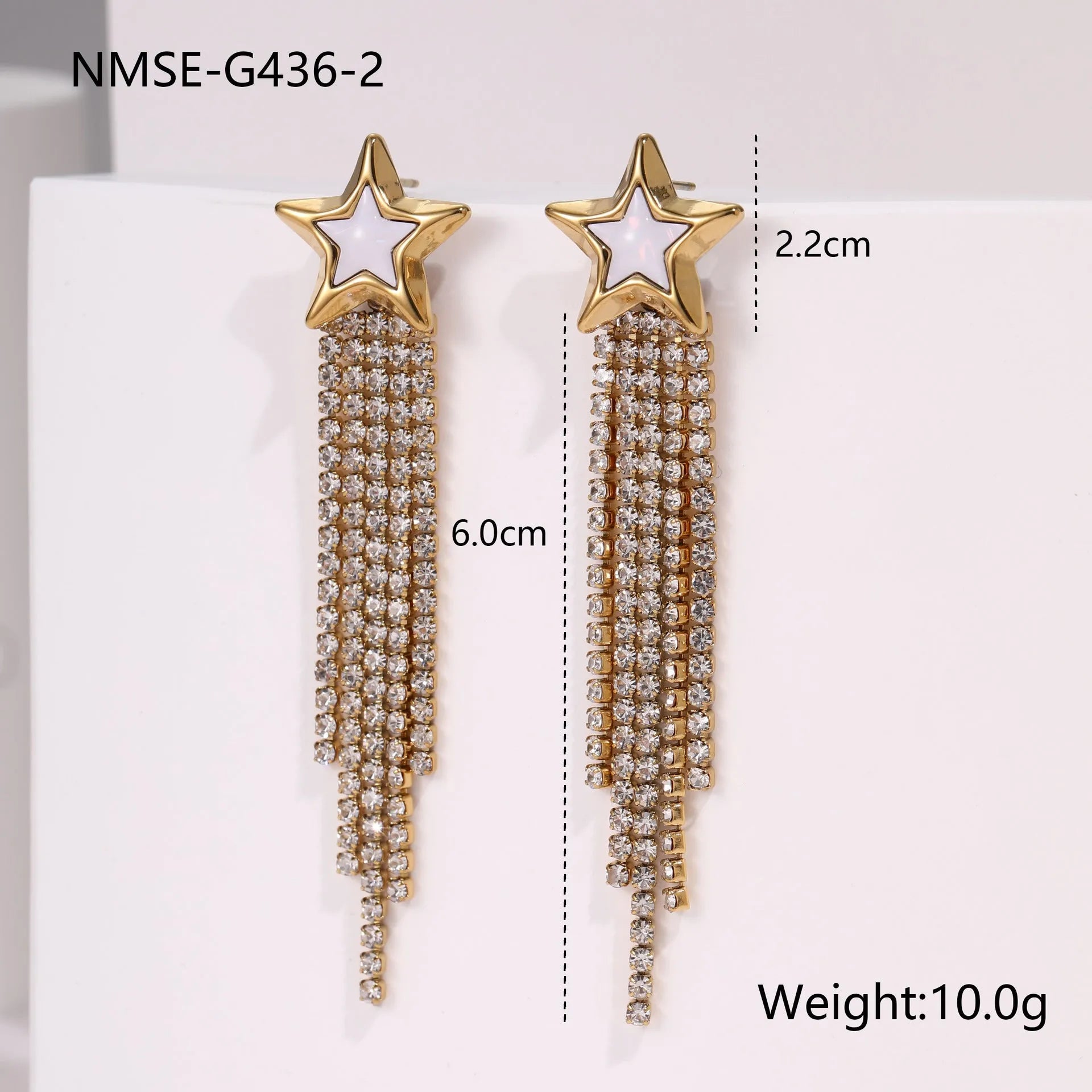 Women's stainless steel earrings with diamond tassel designs in heart, star and geometric shapes with 18K electroplated finish