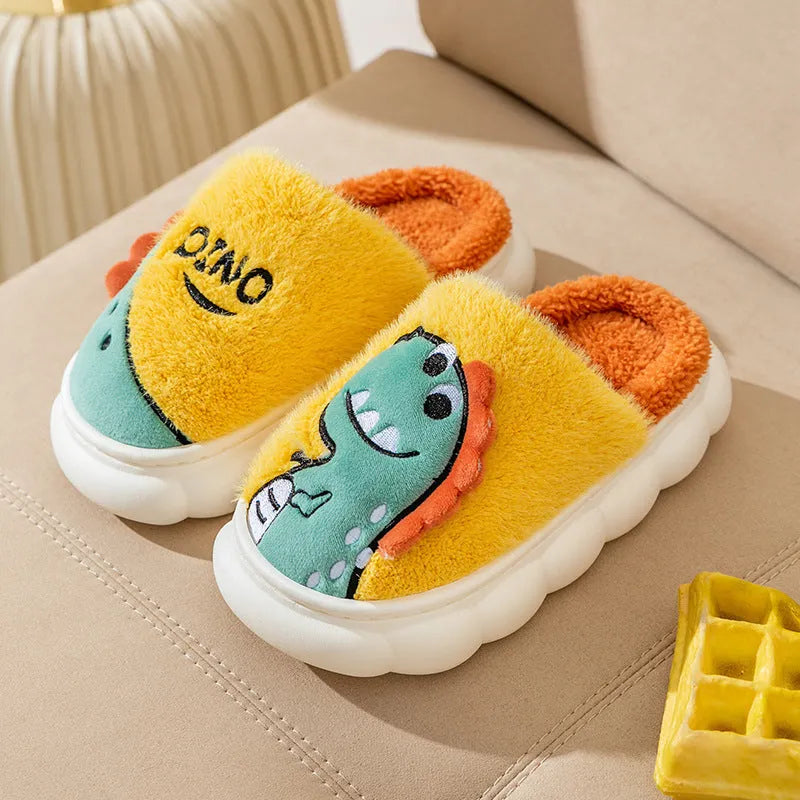 Plush cotton couple slippers in dinosaur design, available in grey, coffee and orange, showing thickened sole.