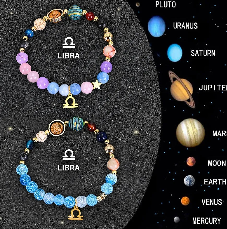 Set of two natural stone beaded bracelets for zodiac signs on adjustable elastic strings.