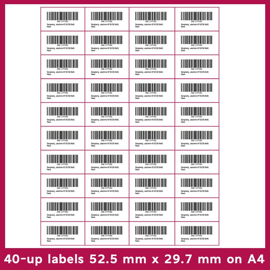 A4 FBA label paper sheets showing ten different grid formats for barcode and serial number printing
