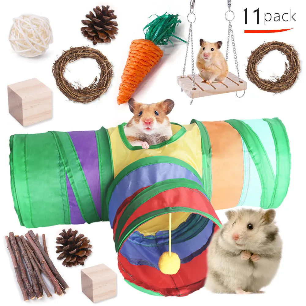 Natural wooden chewing toy set for small animals including straw mats, woven balls and plant-based components