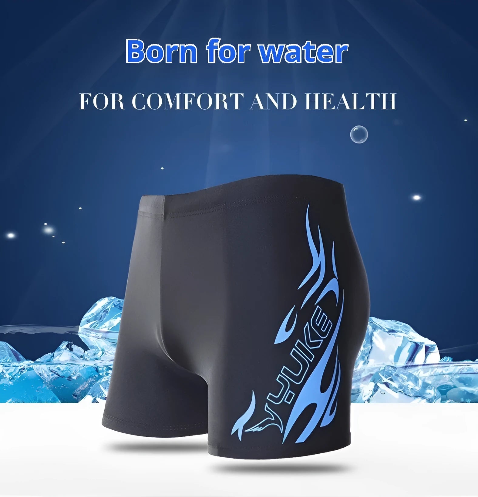 Men's plus size polyester swimming trunks with blue flame pattern on black background, boxer style with briefs cut