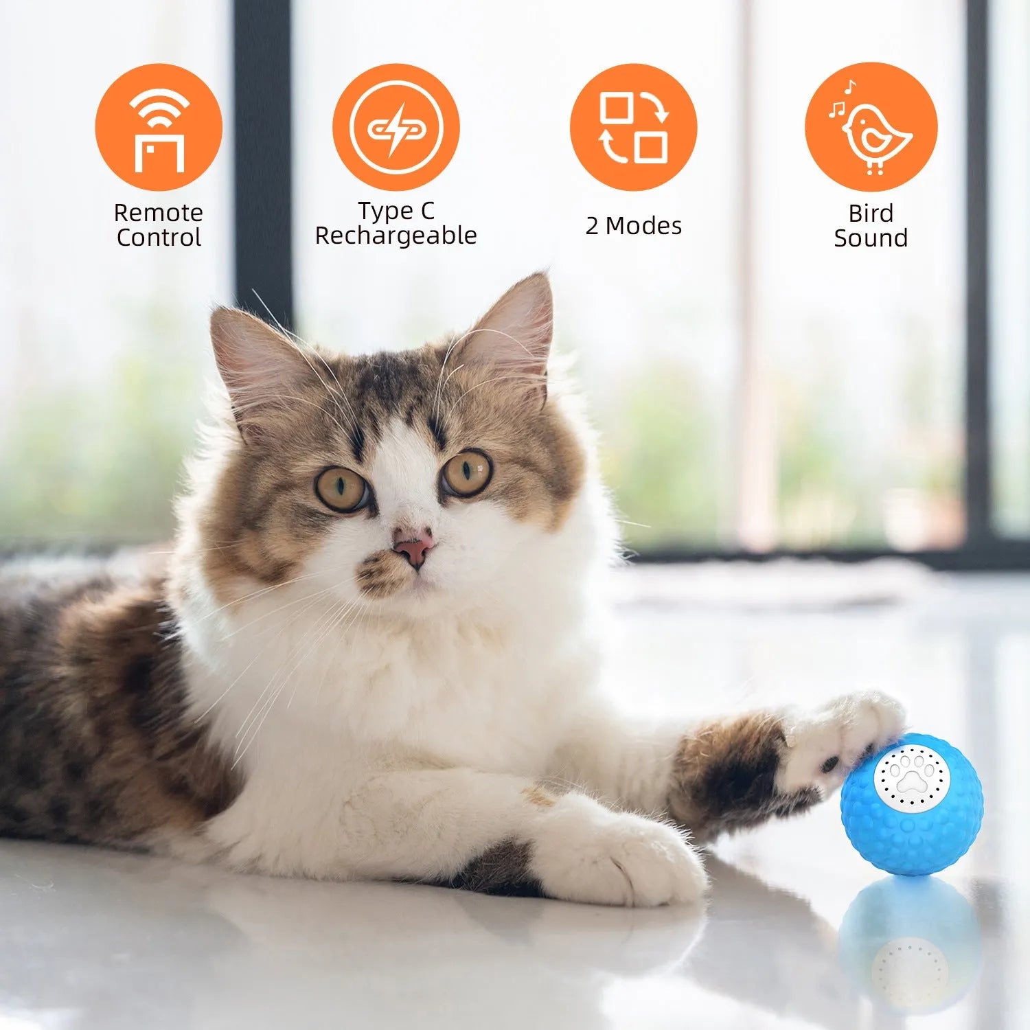 Blue remote control cat toy with rolling ball mechanism and feather attachment