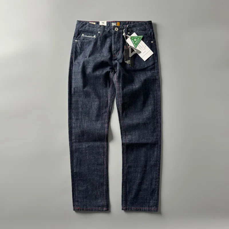 Men's primary colour straight-leg denim jeans with a mid-waist, shown on a size chart.