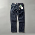 Men's primary colour straight-leg denim jeans with a mid-waist, shown on a size chart.