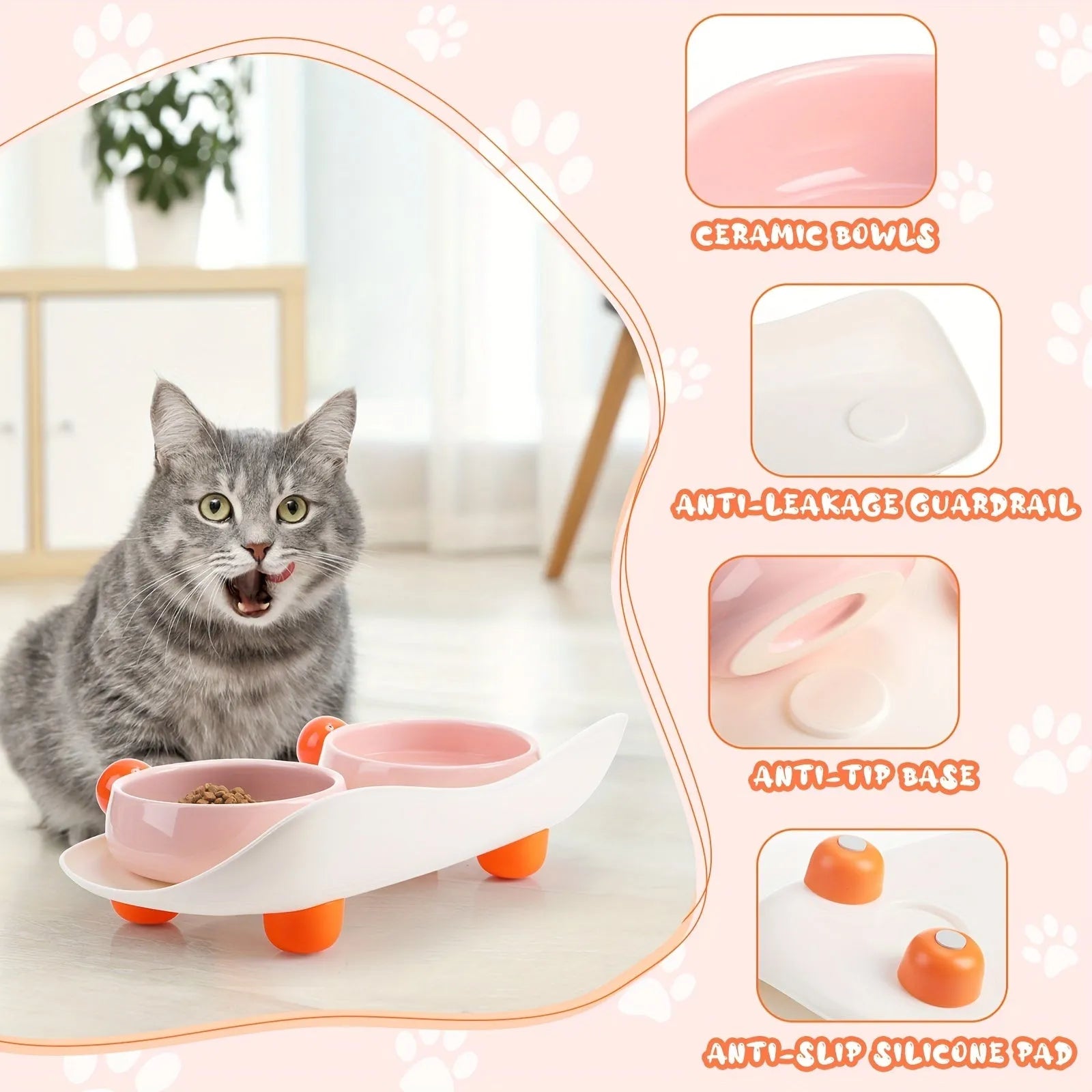 Double raised ceramic pet feeding bowl set with non-slip base in pink colour