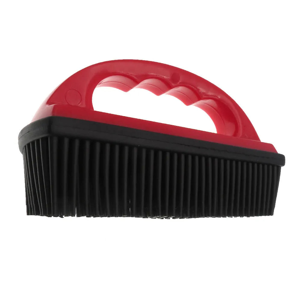 Red pet grooming brush with hair removal feature for dogs, cats and carpet cleaning measuring 160x85mm