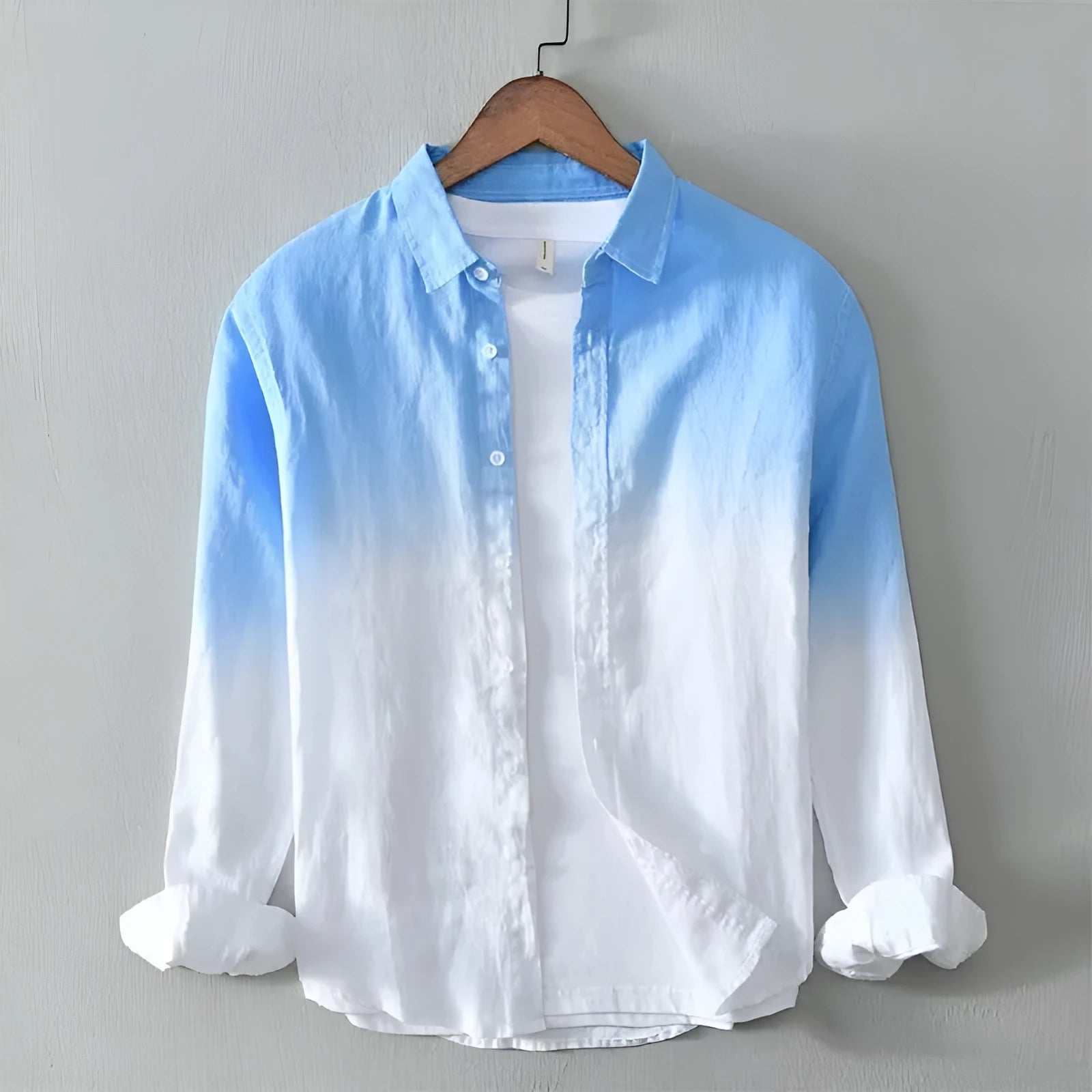 Men's loose fit casual top coat in hemp polyester blend available in dark blue, light blue, yellow.
