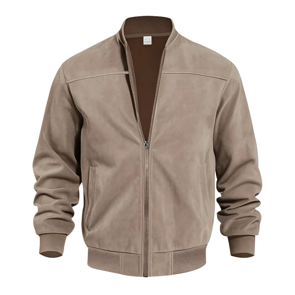 Man wearing a men's plus size suede casual jacket in army green with a zipper front.