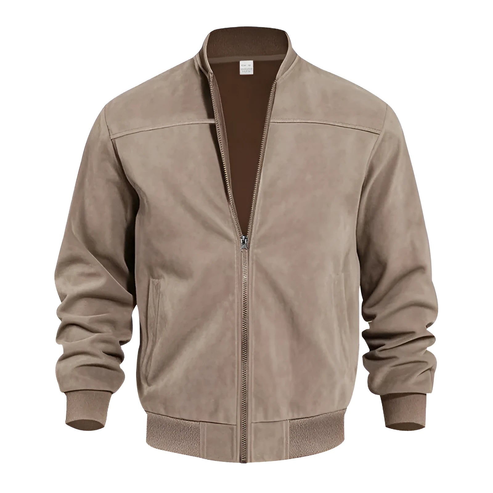 Man wearing a men's plus size suede casual jacket in army green with a zipper front.
