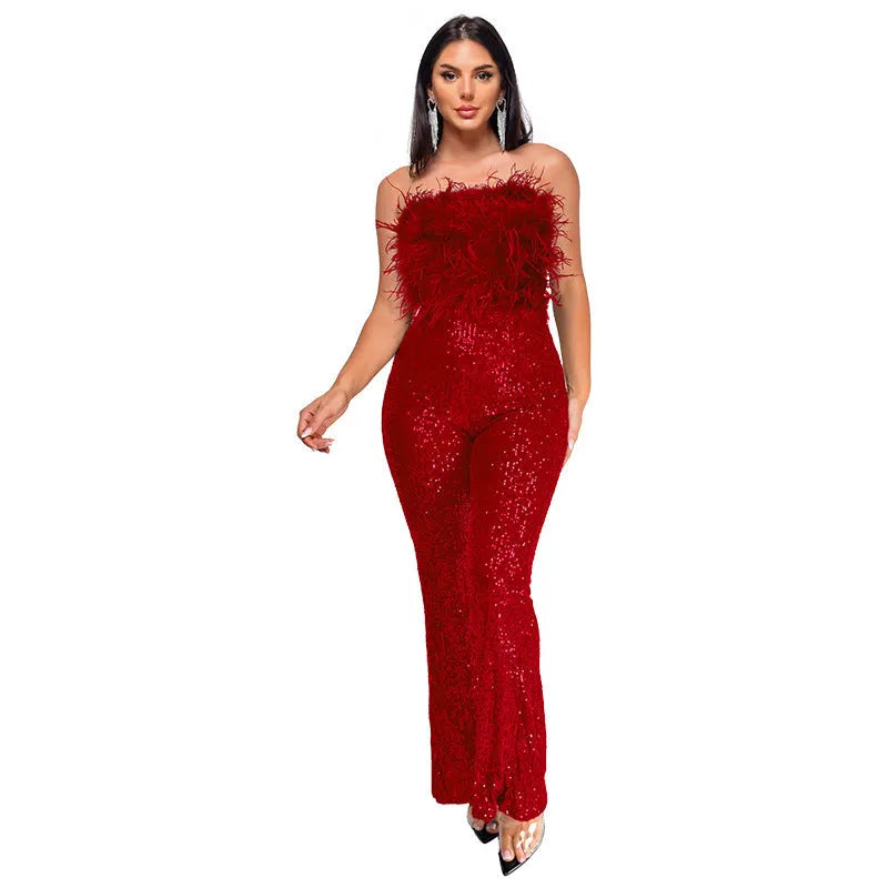 Women's sleeveless backless jumpsuit with flared legs in a champagne colour.