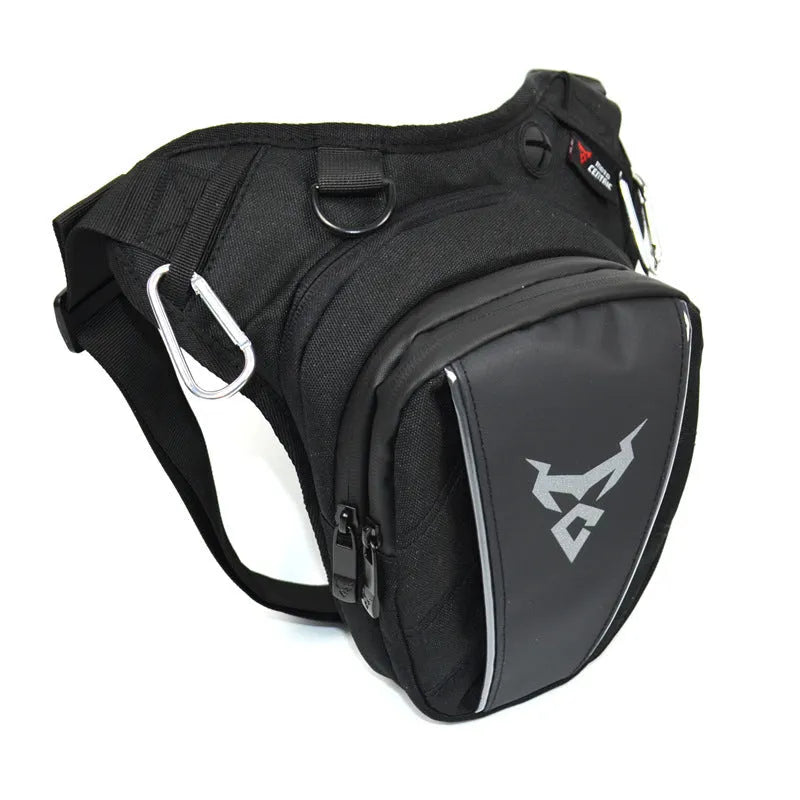 Red 0105MC motorcycle leg bag made of 1200D Oxford cloth with crossbody strap.