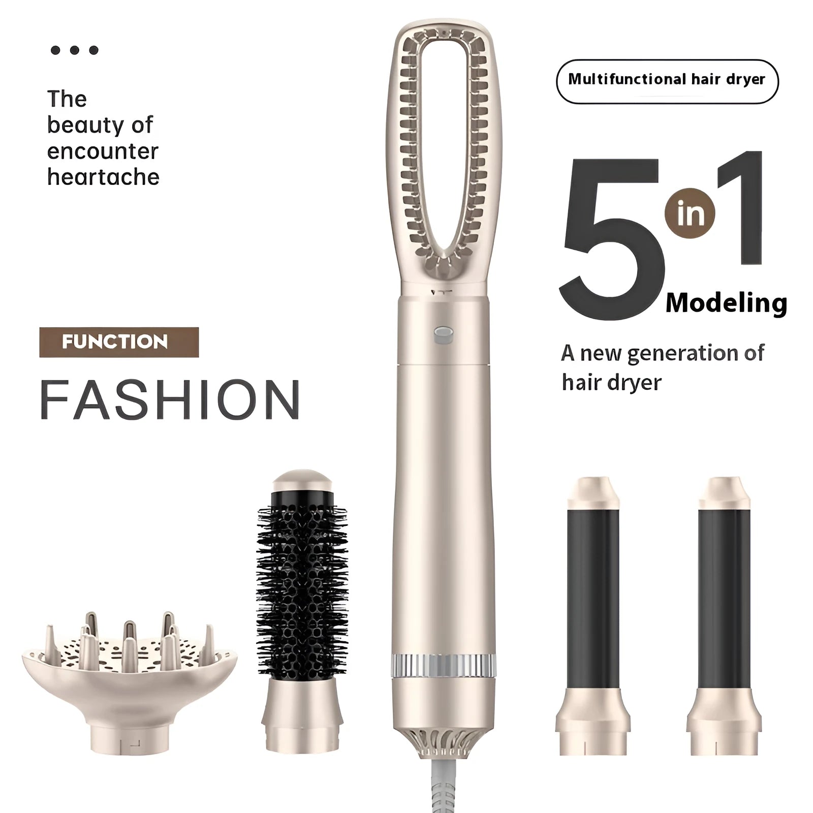 Champagne gold five-in-one hot air comb hair curler styling tool with multiple attachments