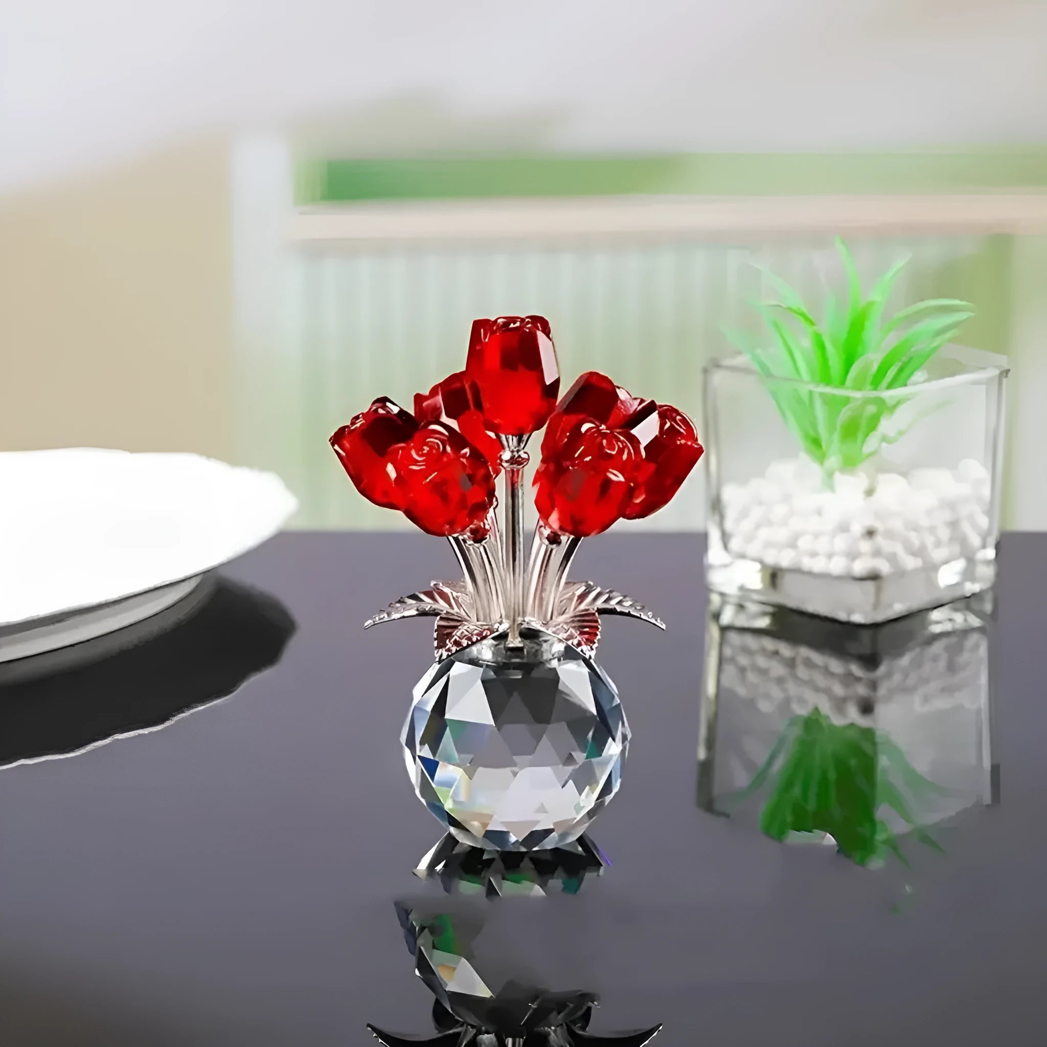 K9 crystal glass rose ornament with geometric Chinese design in multiple colour options