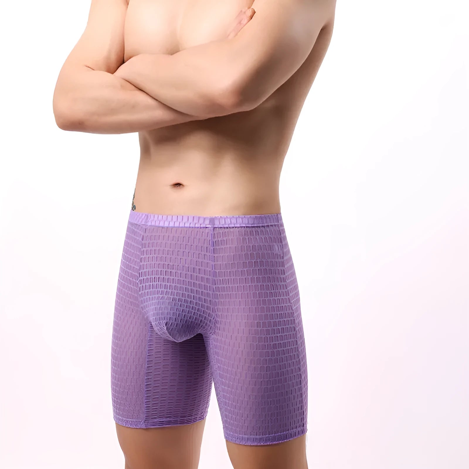 Transparent lace men's boxers in multiple colours with mid waist fit and lengthened design